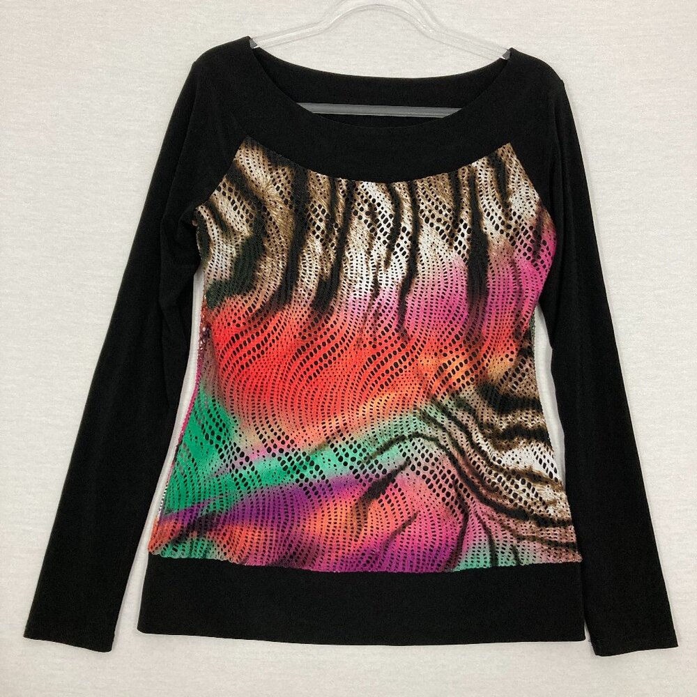 Joseph Ribkoff Black Multi Color Mesh Stretch Boat Neck Top size 12
